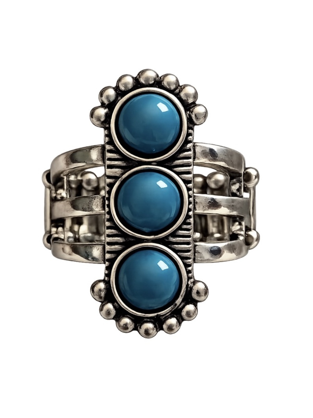 ANTHROPOLOGIE • Silver Triple Turquoise Cabochon Statement Festival Boho Ring - Picture 1 of 8